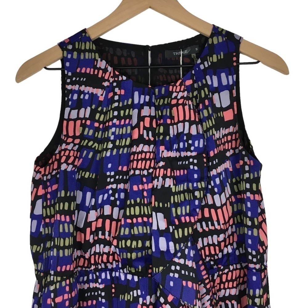 THEME Mini Dress Sheer Flowy Multicolor Geo Mod Print Ruffle Sleeveless Small - Picture 2 of 11